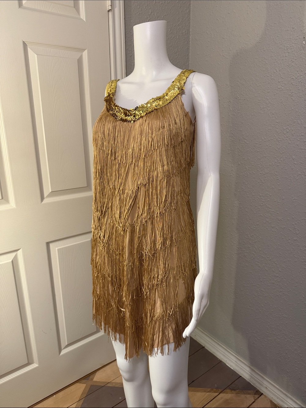 Roaring 20’s Sz 8/10 Champagne Halloween costume Flapper Dress Fringe Sequin